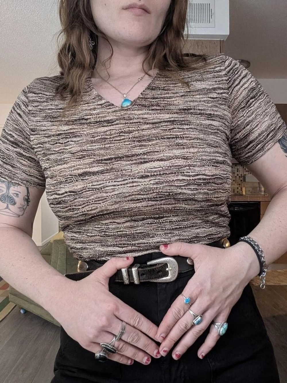 Vintage Textured Brown And Sparkly Short-Sleeve Top